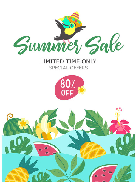 Summer sale. Bright colorful advertising poster. Cheerful Toucan, tropical leaves and fruit. 80 percent discount on everything. Illustration in cartoon style. - Vektori, kuva