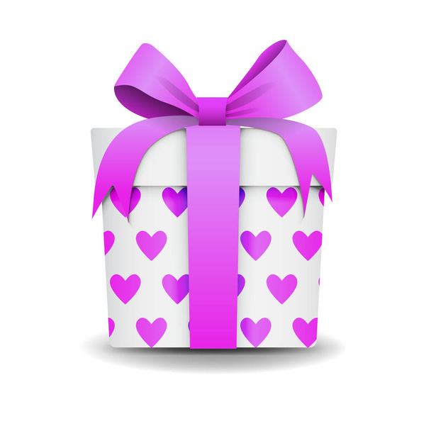 Square 3D Gift Box with Ribbon and Bow Isolated on Background. With hearts pattern - Vektör, Görsel