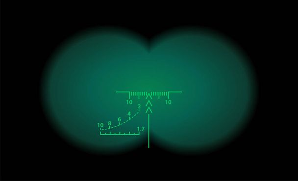 View through the optical sight scale. Night vision style of military weapon view vector illustration. Circle frame of transparent lense. Graduated reticle cross hair measuring range finder. - Vector, Image