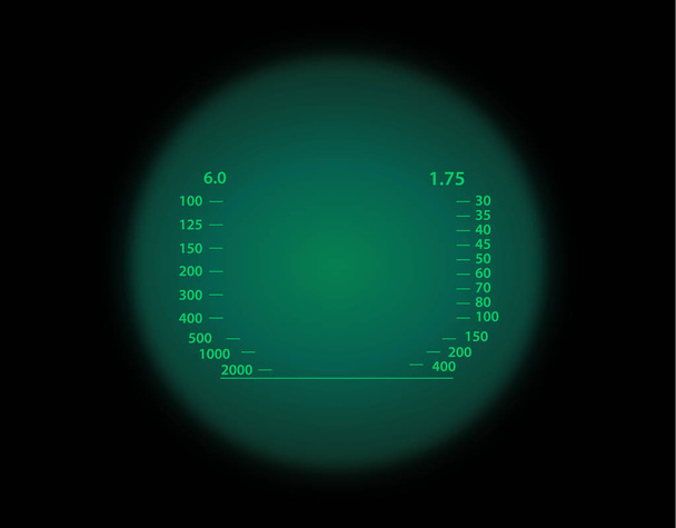View through the optical sight scale. Night vision style of military weapon view vector illustration. Circle frame of transparent lense. Graduated reticle cross hair measuring range finder. - Vector, Image