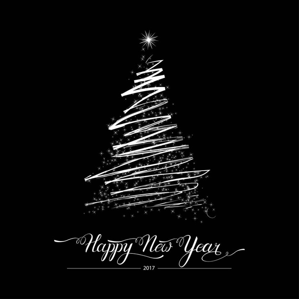 Happy new year stylized decorative handdrawn doodle fir tree on black background. Winter holiday greeting card. Vector Illustration - Вектор,изображение