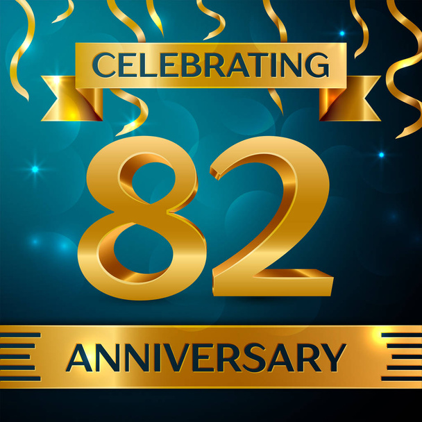 Realistic Eighty two Years Anniversary Celebration Design. Golden confetti and gold ribbon on blue background. Colorful Vector template elements for your birthday party - Vector, Image