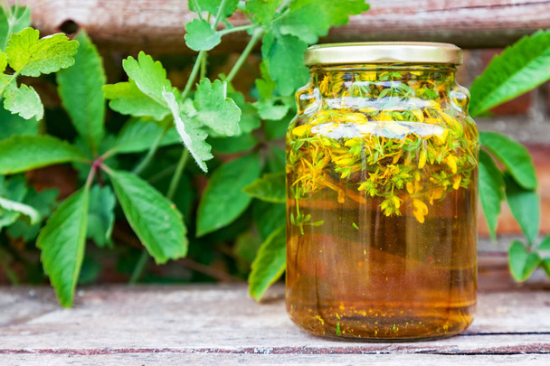 Spirituous tincture of St. John's wort in a glass jar - Photo, Image