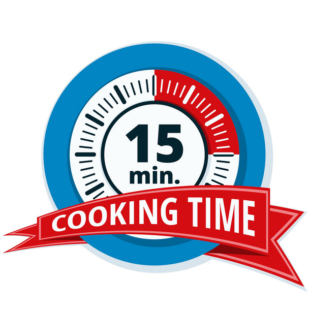 15 λεπτά μαγείρεμα εικονίδιο χρονιστή με κόκκινη κορδέλα που απομονώνονται σε λευκό φόντο, διάνυσμα, εικονογράφηση  - Διάνυσμα, εικόνα