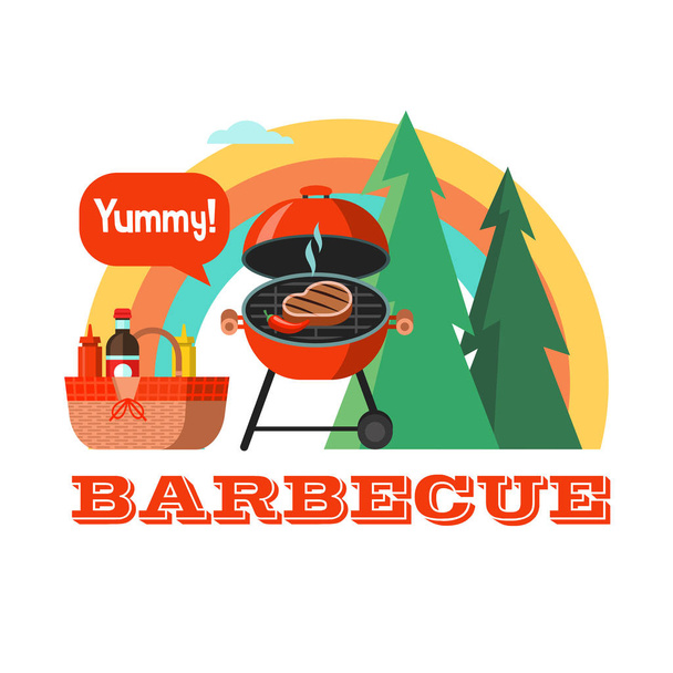 Barbecue, picnic in nature, against the forest and rainbow. Basket with food and drinks. Roast steak. Vector emblem, illustration in flat style. - Vector, Image