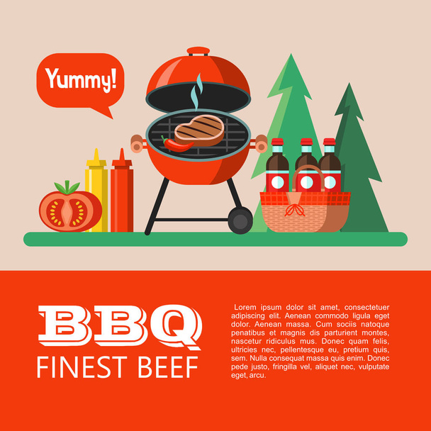 Barbecue, picnic. Appetizing steak is grilled, picnic basket with drinks, ketchup, mustard, tomato. On the background of the forest. Yummy. Summer holidays in nature. Vector illustration. - Vector, Image