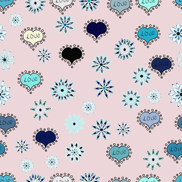 Background of big and small hearts with swirls in neutral, gray, blue, black and green colors. Seamless Love pattern. Vector illustration. Love background. - Vector, Image