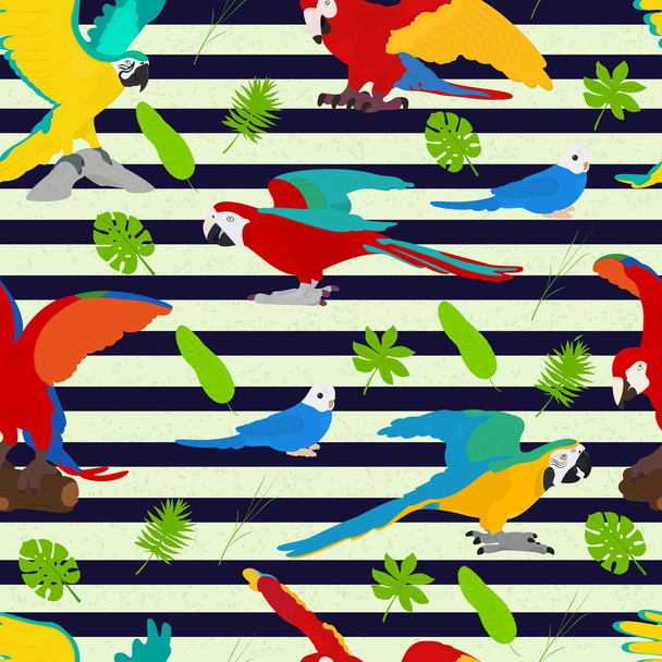 Naadloze vector achtergrond op een tropische thema met papegaaien op een gestreepte achtergrond - Vector, afbeelding