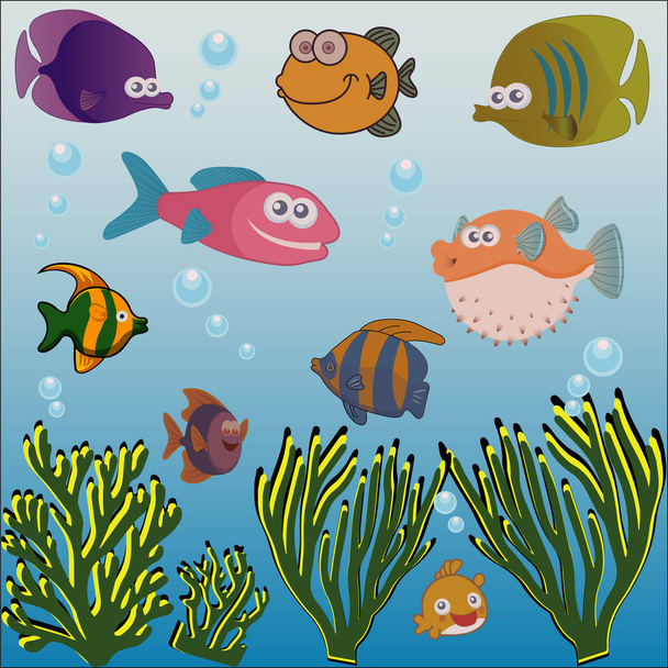 Διάφορα ψάρια και φύκια κάτω από τη θάλασσα - Διάνυσμα, εικόνα