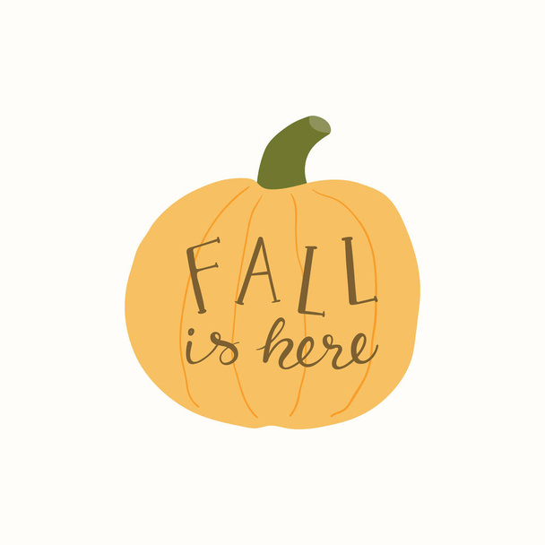 Hand drawn vector illustration of a pumpkin with lettering quote Fall is here, Concept for gardening, autumn harvest  - Вектор,изображение