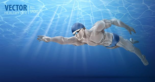 Professionele mannelijke zwemmer binnen zwembad. Een man duikt in het water. Zomer achtergrond. Het patroon van het wateroppervlak. Duiken. Onderwater. Vectorillustratie - Vector, afbeelding