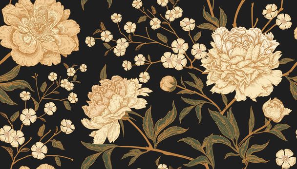Floral vintage seamless pattern with flowers peonies. Oriental style. Vector illustration art. Template design for textiles, wrapping paper, wallpaper, clothes, interior, curtains, packaging. - Vektör, Görsel
