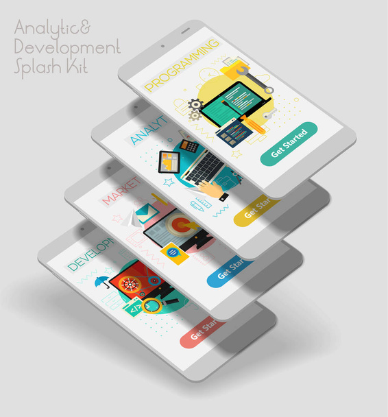 Design Responsive Analytics und Entwicklung ui mobile App Splash Screens Vorlage mit trendigen Illustrationen und 3D-Smartphone-Attrappen - Vektor, Bild