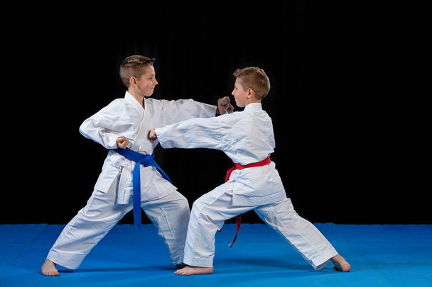 two boys training karate kata exercises at test qualification - Foto, imagen