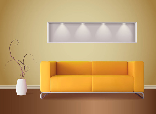 Modern living room interior with bright corn color sofa and soft shades yellow wall  realistic vector illustration  - Vector, Image