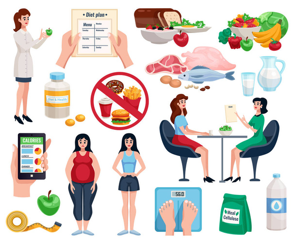 Διατροφή διακοσμητικά εικονίδια σετ με βασική διατροφή για καλή υγεία και χρήσιμο πιάτα για να χάσουν βάρος απομονωμένη εικονογράφηση φορέα  - Διάνυσμα, εικόνα