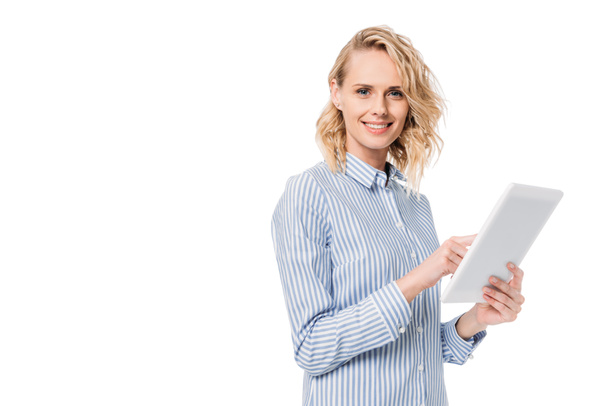 attractive woman using tablet and looking at camera isolated on white - Foto, immagini