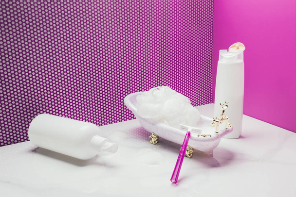 baño con suministros de higiene de tamaño real en baño en miniatura
 - Foto, Imagen