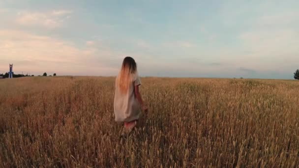 girl with flowers walking on a grain field. - Video