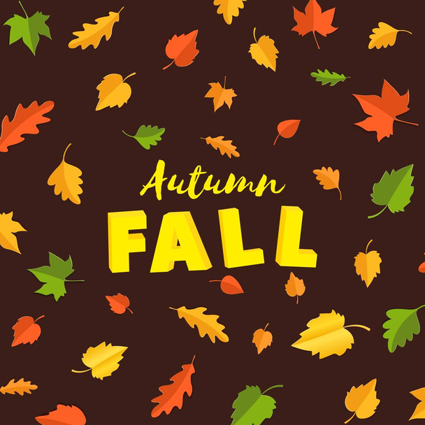 Word autumn FALL composition with green yellow red leaves on brown background in paper cut style. Fall leaf 3d realistic letters for design poster, banner, flyer T-shirt printing. Vector illustration - Вектор,изображение