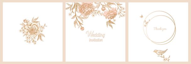 Templates of wedding invitations set. Decoration with birds and garden flowers by peonies. Floral vector illustration. Vintage engraving. Oriental style. Cards with gold foil print. - ベクター画像