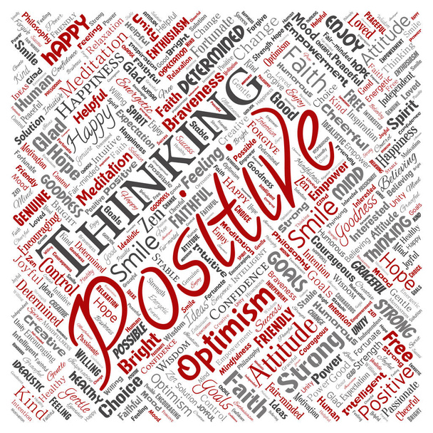 Vector conceptual pensamiento positivo, feliz fuerte actitud cuadrada nube palabra roja aislada en el fondo. Collage de optimismo sonrisa, fe, metas valientes, bondad o inspiración de felicidad
 - Vector, imagen