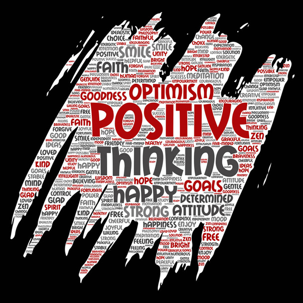 Vektori käsitteellinen positiivinen ajattelu, onnellinen vahva asenne sivellin paperi sana pilvi eristetty taustalla. Kollaasi optimismia hymy, usko, rohkeita tavoitteita, hyvyyttä tai onnea inspiraatiota
 - Vektori, kuva
