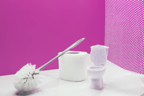 Spielzeug-Toilette mit echtem Größe Toilettenbürste und Papierrolle im Miniatur-rosa Raum - Foto, Bild