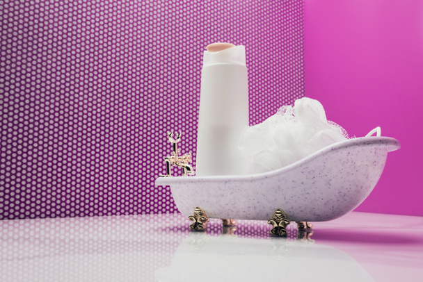 toy bath with real size shampoo bottle and bast in miniature room - Valokuva, kuva