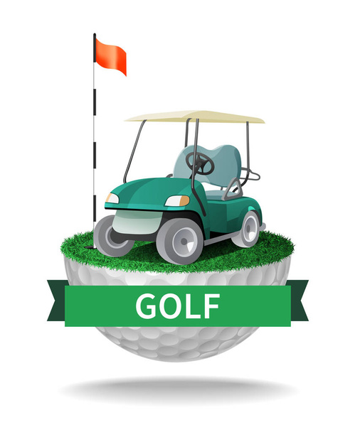 Golf cart on half golf ball with grass. Abstract isolated color vector illustration - Vector, afbeelding
