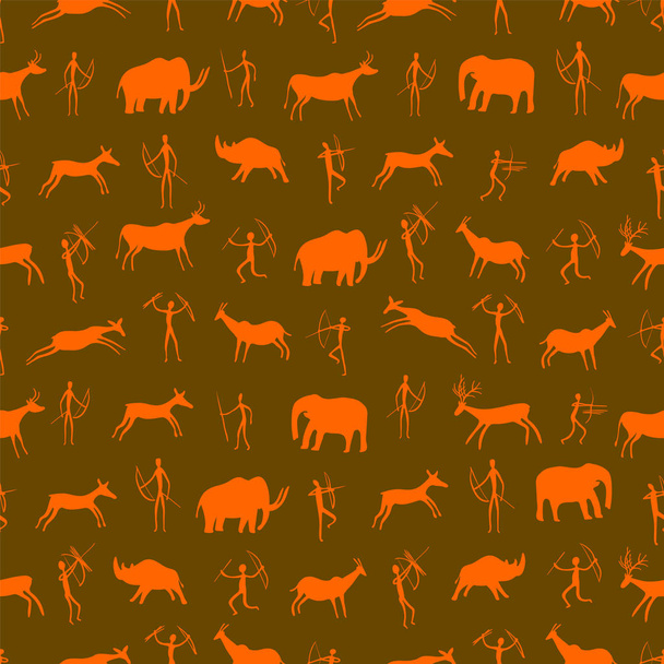 Seamless pattern. Ancient rock drawing with primitive people and prehistoric animals. The Paleolithic era. - Vector, Image