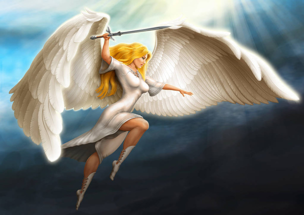 κορίτσι - Άγγελος ενόπλων με ένα σπαθί πετά στις ακτίνες του ήλιου - Φωτογραφία, εικόνα