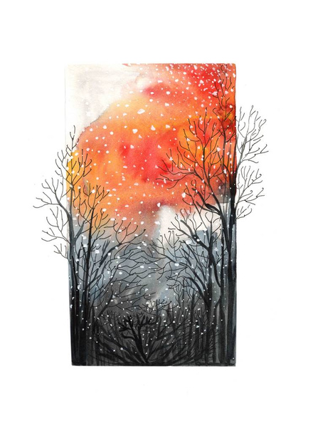 Orange, sky, autumn, November, nature, weather, gloomy, cold, fiery, forest, watercolor, texture, background, gray, snow, beauty - Zdjęcie, obraz