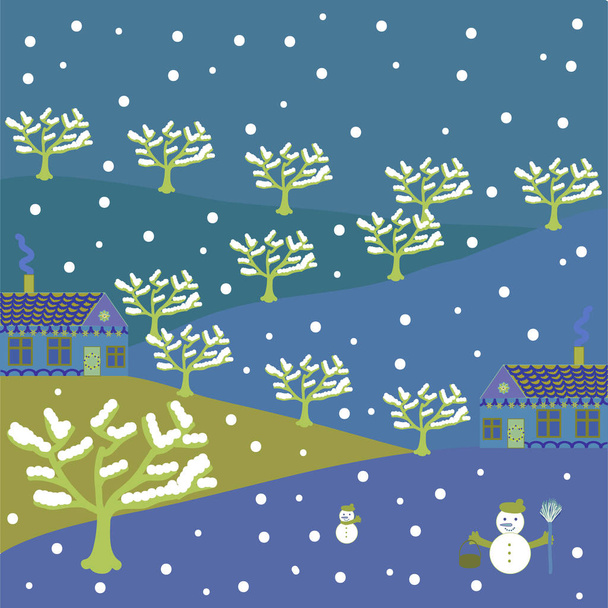 ベクトルの図。冬の家、木、木、白、中立的な青・黄・緑の色の丘風景します。創造的なクリスマスの背景. - ベクター画像