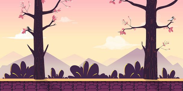 Cartoon nature landscape with trees, bushes, mountains, sky and clouds. Seamless vector background for your project - Vector, Image