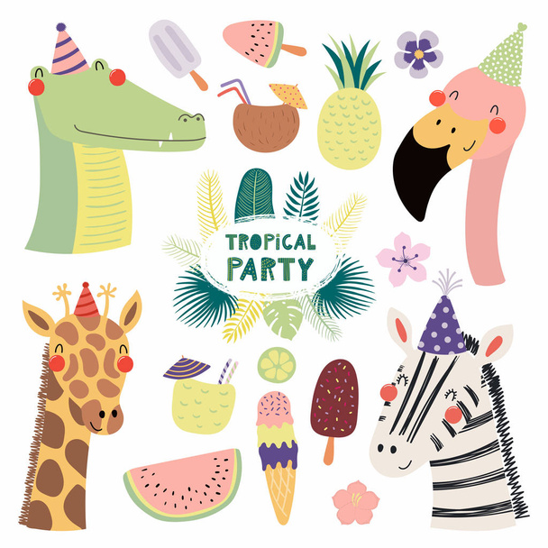 hand drawn in scandinavian style vector illustration of a cute funny animals in party hats with fruits, Concept for children print - Vector, Image