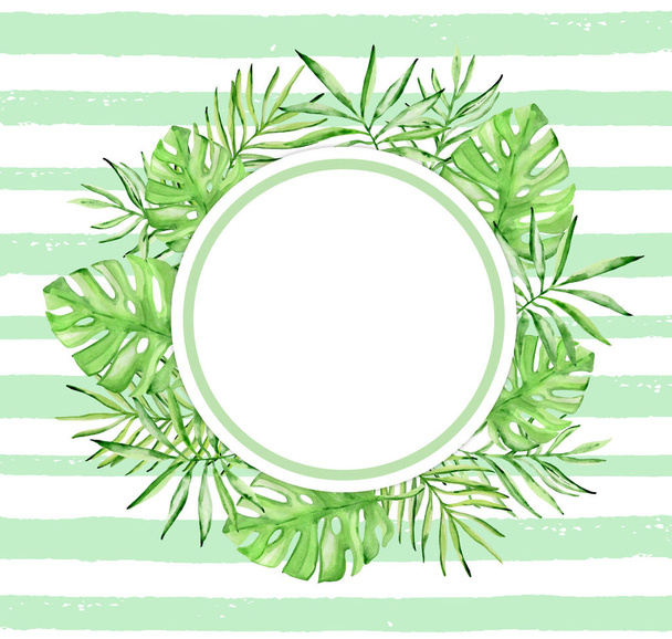 Round watercolor tropical floral frame with palm leaves and green lines on a white background - Foto, immagini