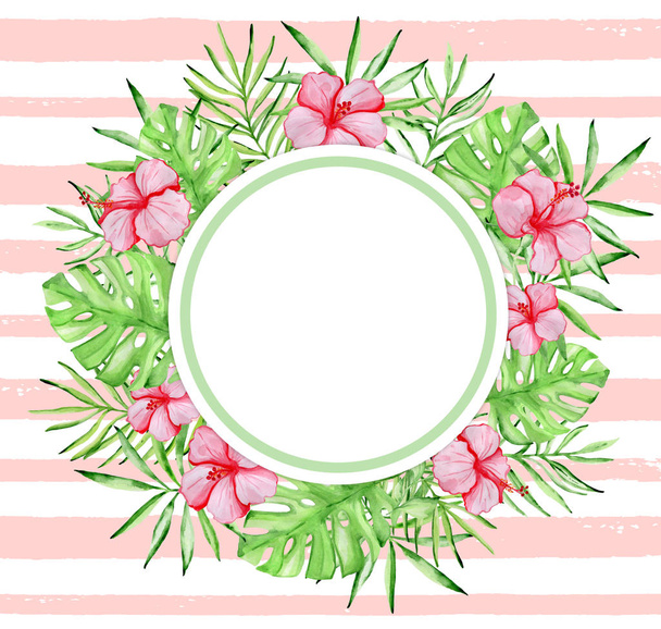 Watercolor tropical floral banner with red hibiscus flowers and green palm leaves on a pink striped background - Photo, Image