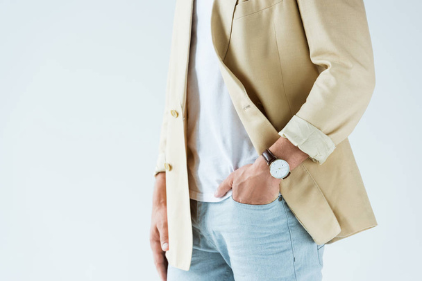 Cropped view of stylish man wearing jacket and watch isolated on white background - Foto, Bild