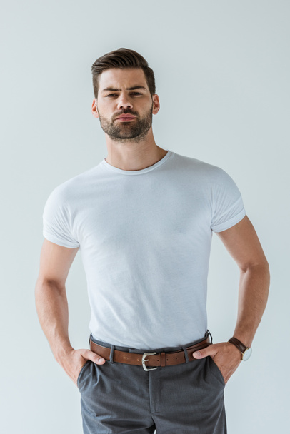 Stylish young man in white shirt isolated on white background - Photo, image