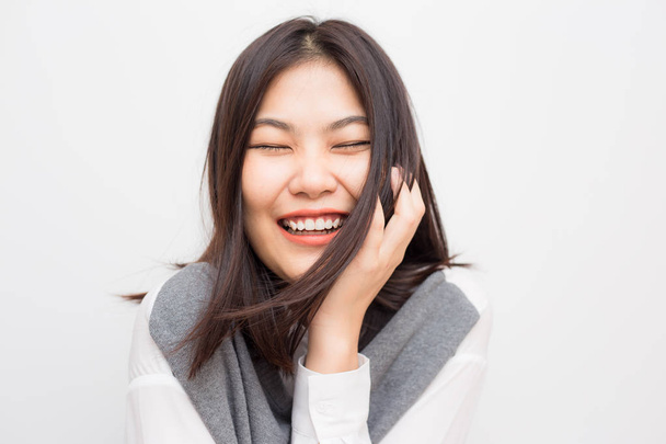 Smiling fashion asian beautiful women feel happy on white background - Photo, Image