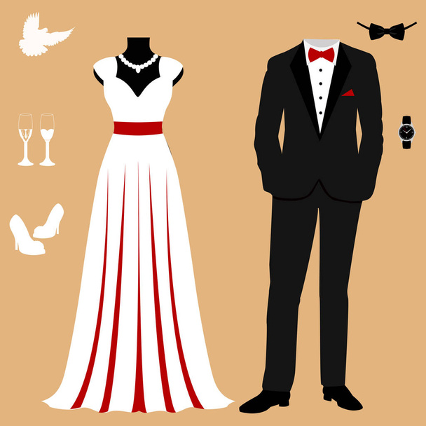 Hochzeitskarte mit der Kleidung des Brautpaares. Hochzeitsset. wunderschönes Brautkleid und Smoking. Vektorillustration. - Vektor, Bild