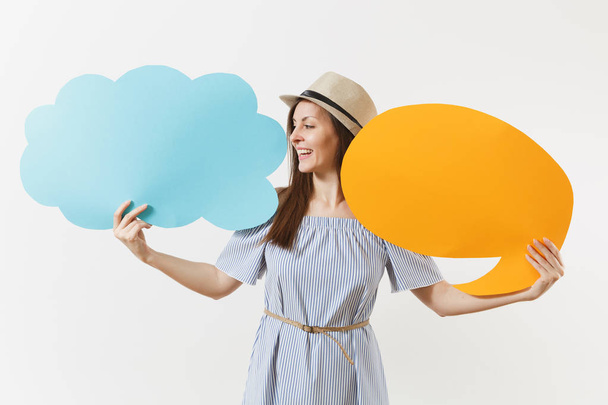 Young tender elegant charming woman in blue dress, hat with empty blank Say cloud, speech bubble isolated on white background. People sincere emotions, lifestyle concept. Advertising area. Copy space - Photo, Image