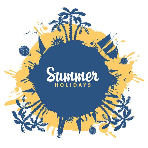 Vector abstract travel banner with palm trees, sailboats and balloons in the form of blue and yellow blots. Summer poster, flyer, invitation or card with the inscription Summer holidays - Vektör, Görsel
