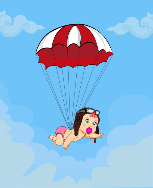 Its a girl cartoon vector illustration with cute baby girl in pilot hat falling down with red parachute in blue cloudy sky background. Baby shower greeting card design. Newborn baby arrival concept. - Vector, afbeelding