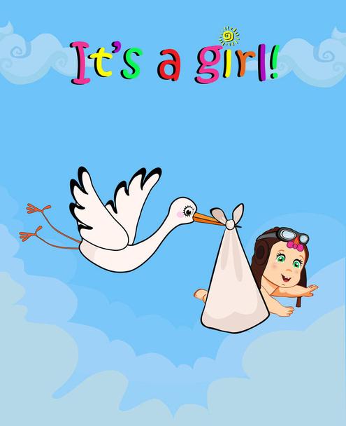 Es ist ein Mädchen Cartoon-Vektor-Illustration mit Storch bringen niedlichen Baby trägt Pilotenhut auf blauem bewölkten Himmel Hintergrund. Baby-Dusche-Grußkarte. Konzept für die Ankunft von Neugeborenen. - Vektor, Bild