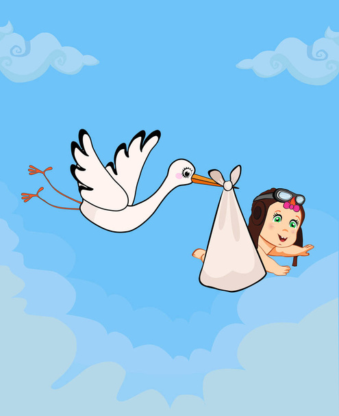 C'est une illustration vectorielle de dessin animé fille avec cigogne apportant bébé mignon portant chapeau pilote sur fond bleu ciel nuageux. Carte de vœux de douche bébé. Concept d'arrivée du nouveau-né
. - Vecteur, image