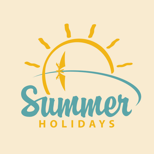 Vector calligraphic inscription Summer holidays. Summer travel icon or logo with sea, sun and surfer - Vektor, Bild