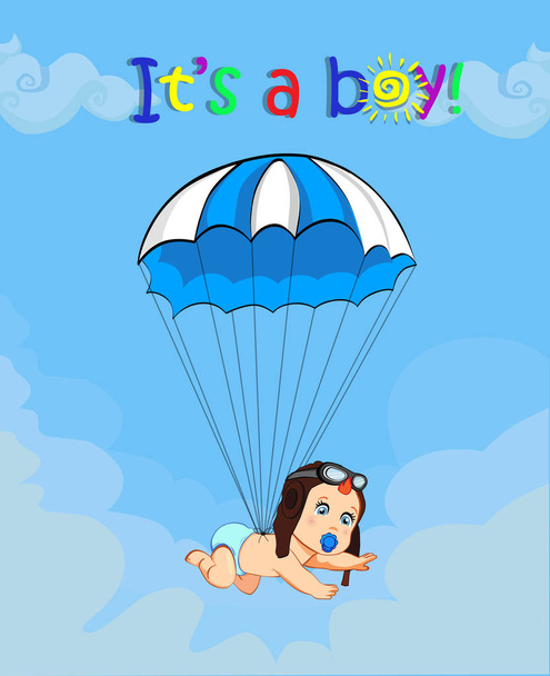 Its a boy cartoon vector illustration with cute baby in pilot hat falling down with blue parachute in cloudy sky background. Baby shower greeting card design. Newborn awaiting baby arrival concept. - Vector, afbeelding