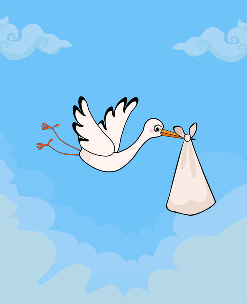 Мультфильм векторная иллюстрация милого аиста, доставляющего пучок младенца на голубом облачном фоне неба. Конструкция поздравительных открыток. Прибытие новорожденных
. - Вектор,изображение